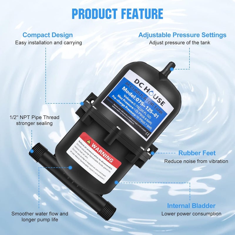 DC HOUSE Pre-Pressurized Water Accumulator Tank 0.75L 125PSI, RV Water Pressure Tank Smooth Flow Reduce Noise and Prolong Service Life for RV Yacht Faucet Shower Sprayer - Image 2